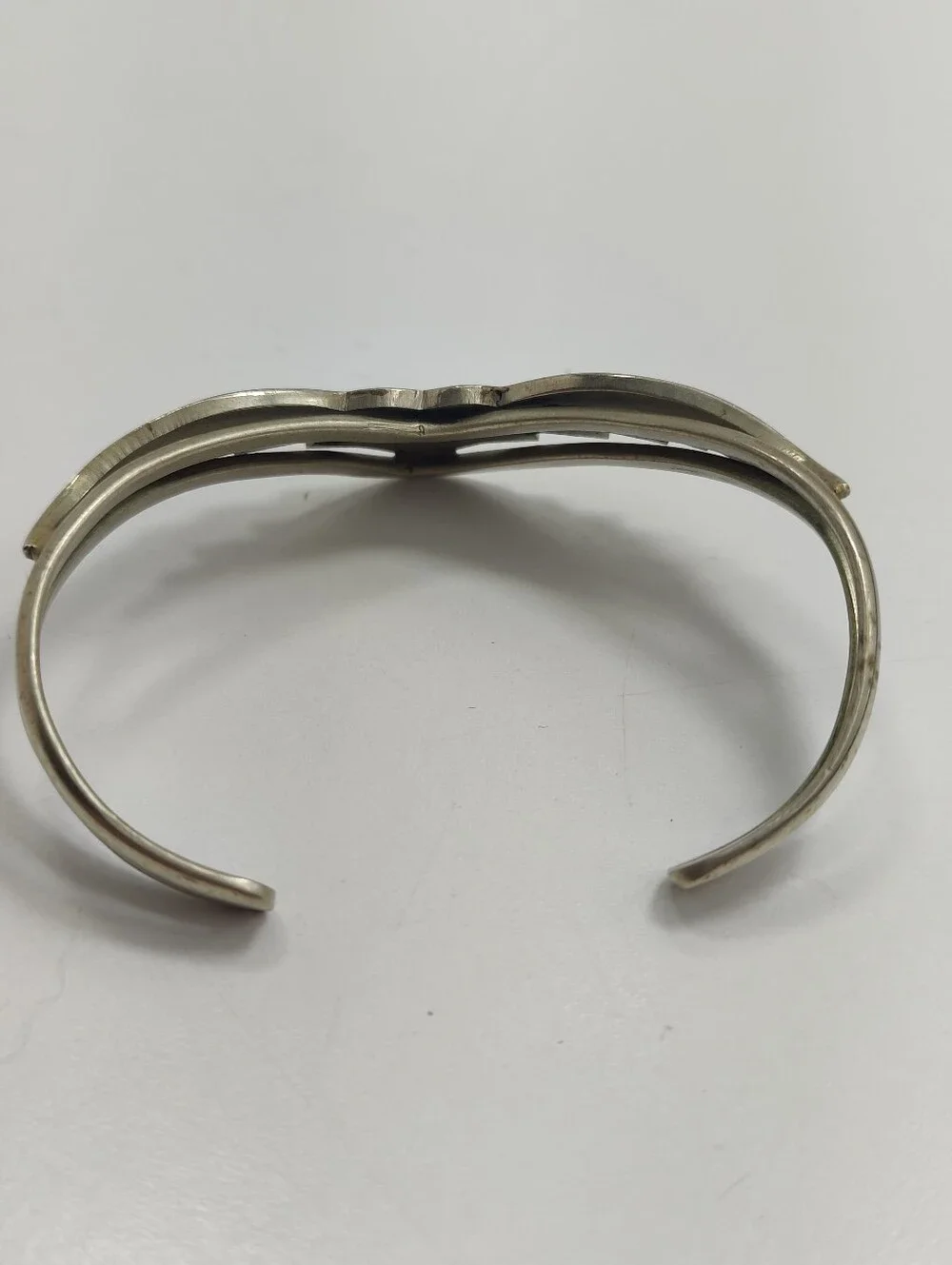 Vintage Mexico Abalone Shell Heart Wing Cuff Bracelet Alpaca Silver Tone